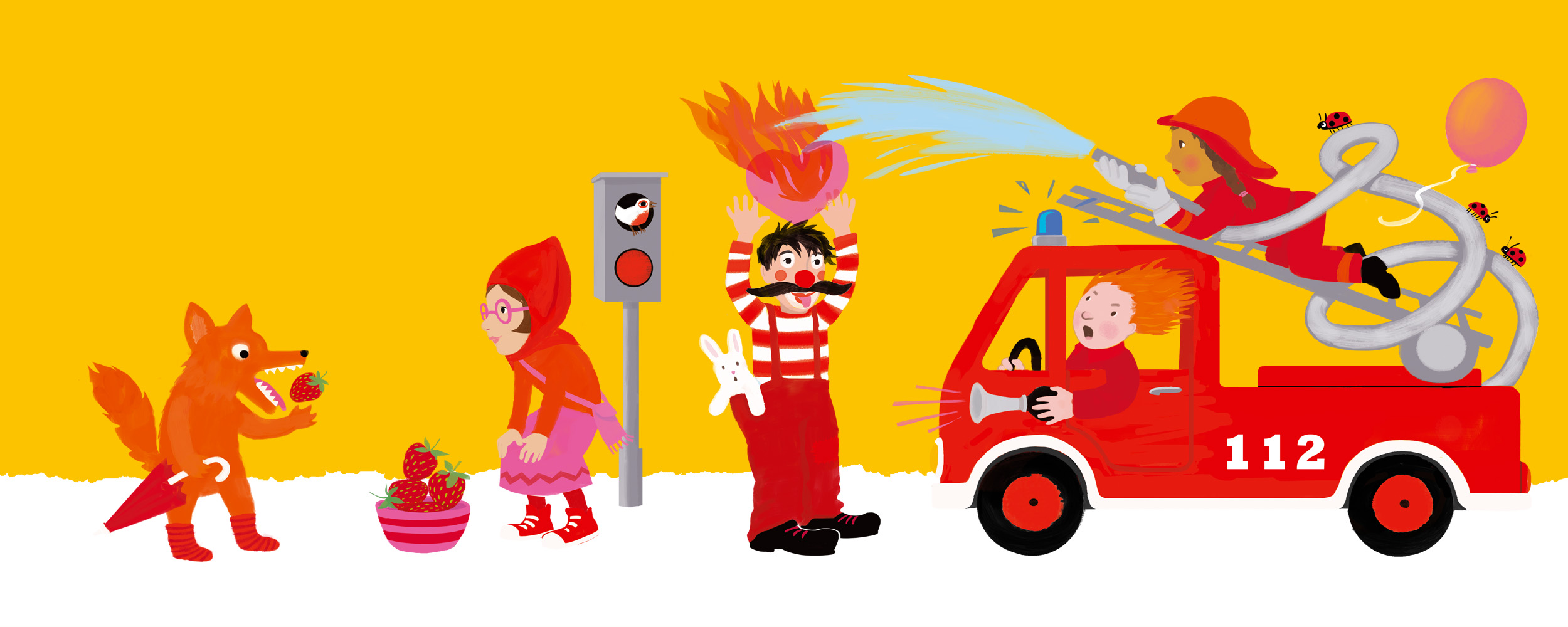 Die Farbe Rot steht im Mittelpunkt dieser Illustration - Rote Erdbeeren, Rotk&auml;ppchen, ein Clown mit roter Nase und eine rote Feuerwehr