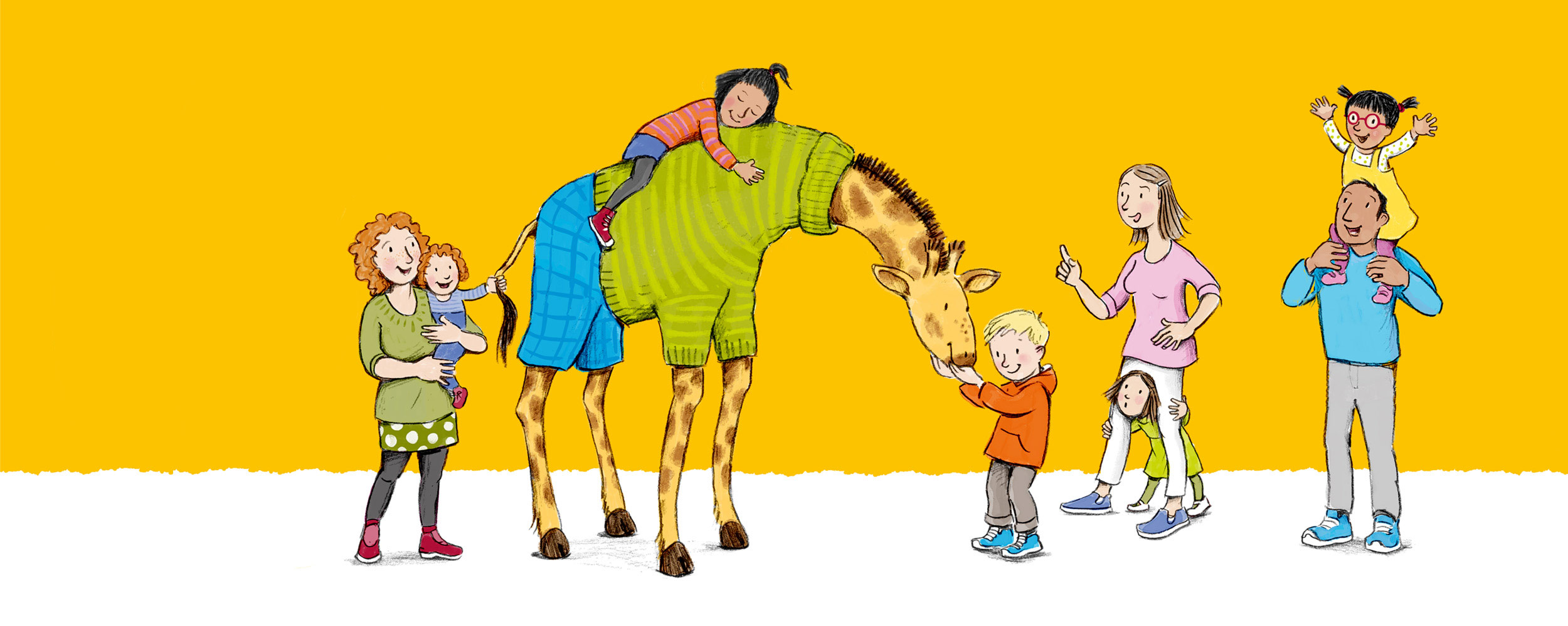 Illustration - Lachende Menschen kuscheln mit einer Giraffe