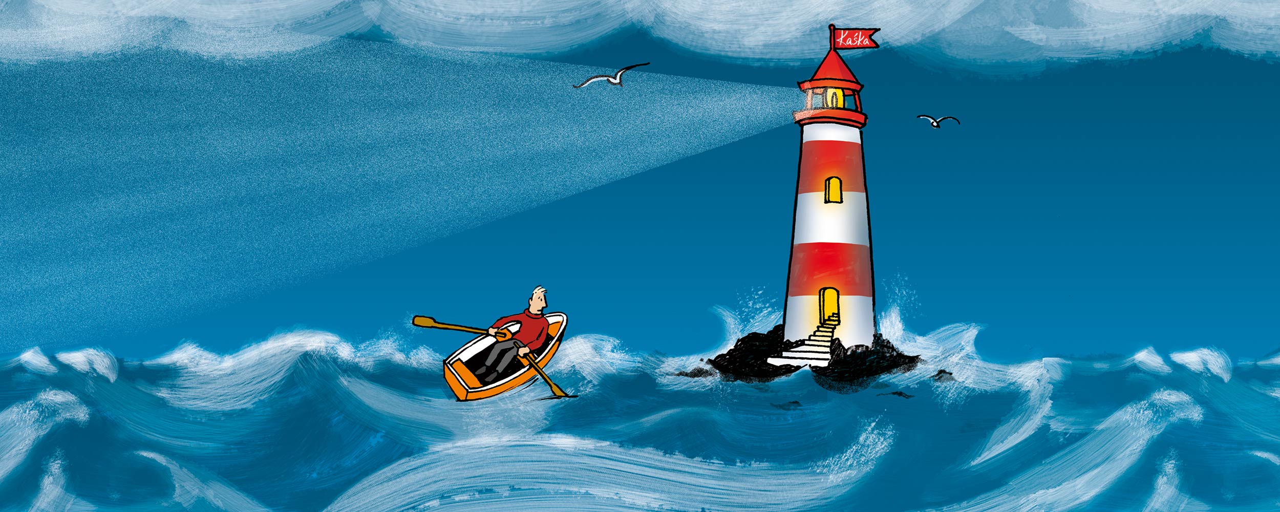 Illustration - Ein Mann in einem Boot rudert durch den Sturm auf einen Leuchtturm zu