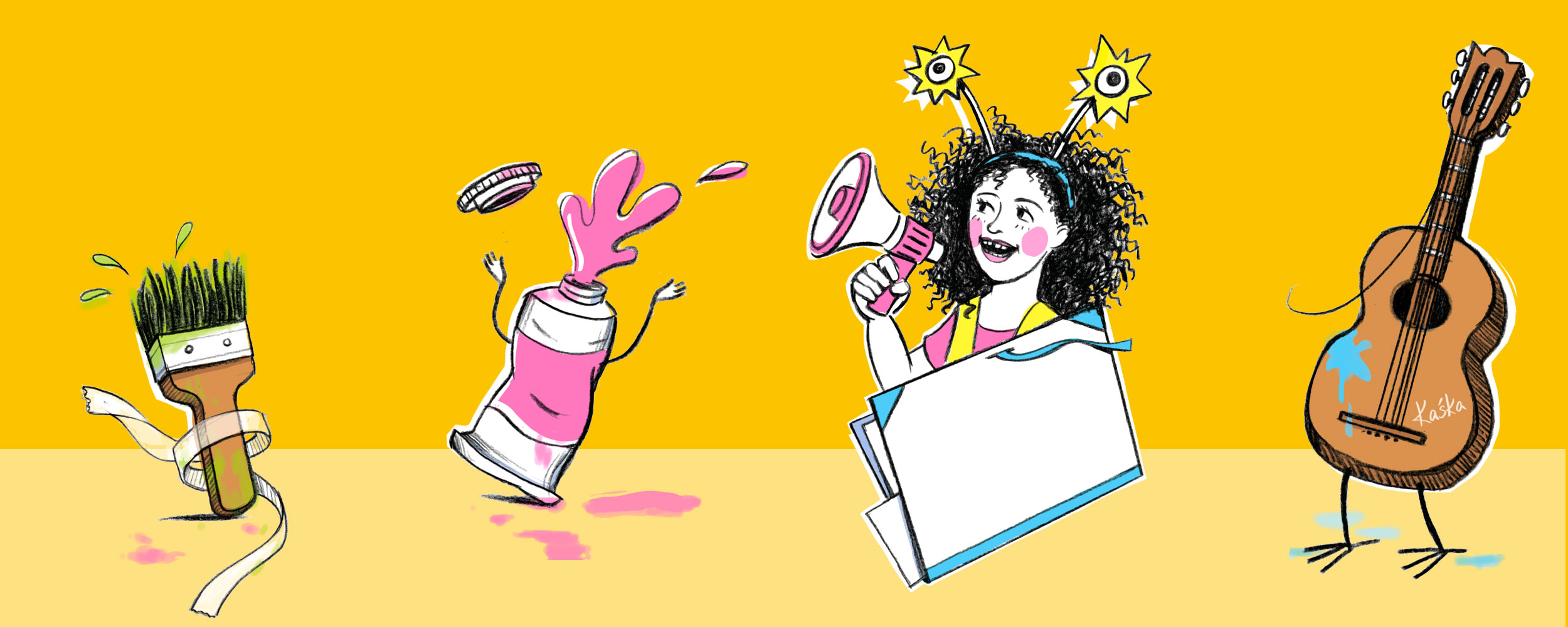 Illustration - Ein M&auml;dchen mit wildem Lockenkopf spricht durch ein Megafon