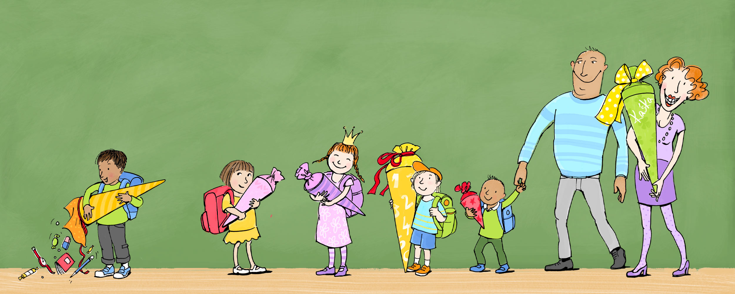 Illustration - Schulanfang. Viele Kinder mit bunten Schult&uuml;ten