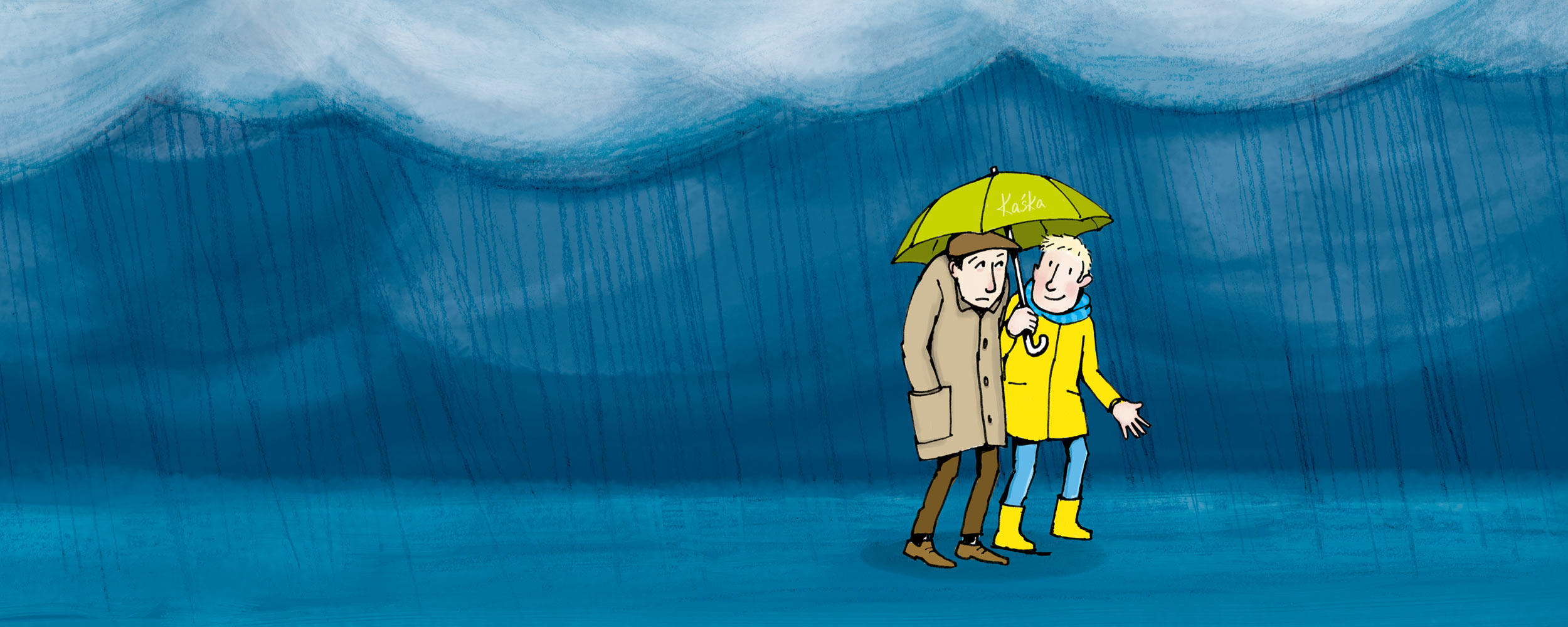 Illustration - Zwei M&auml;nner gehen im Regen spazieren