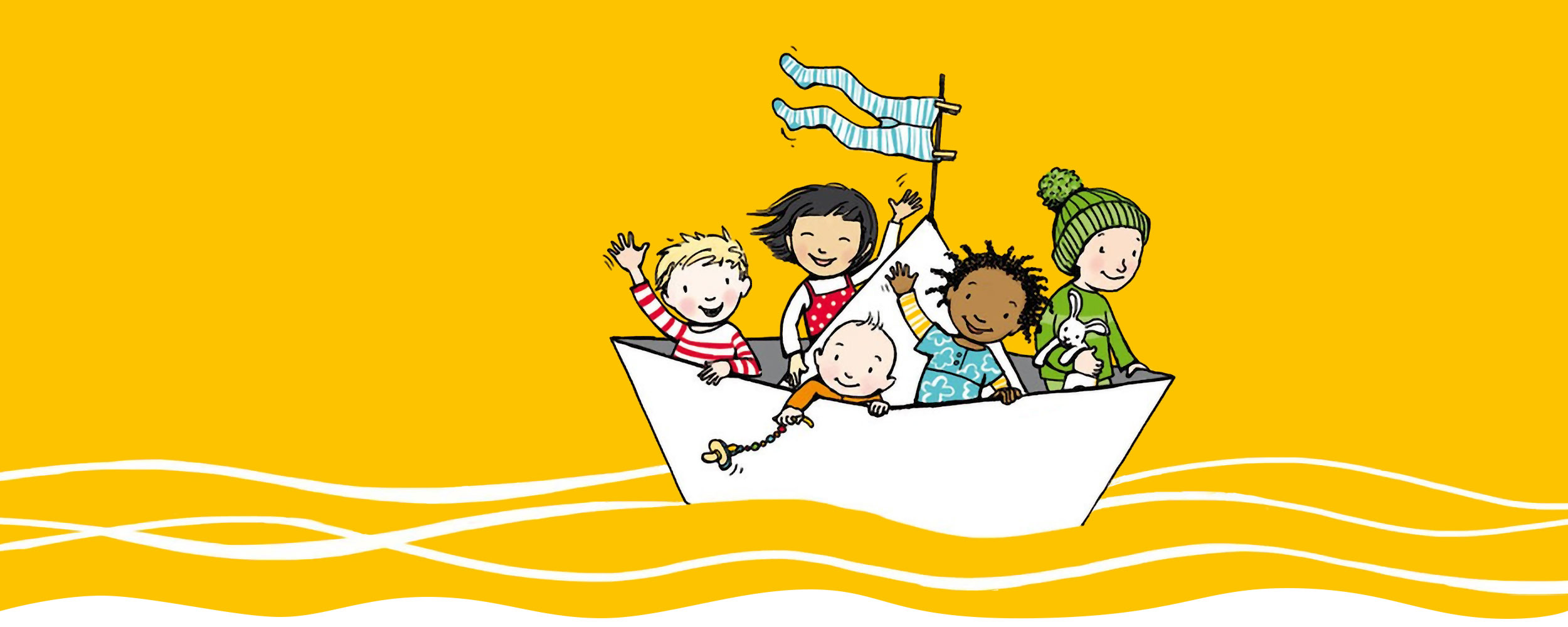 Illustration - Kinder, die in einem Papierboot &uuml;bers Meer fahren