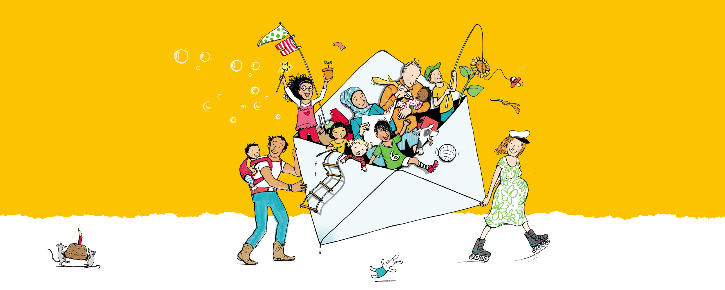 Illustration - Eine große bunte Familie, die in einem überdimensionalen Briefumschlag reist