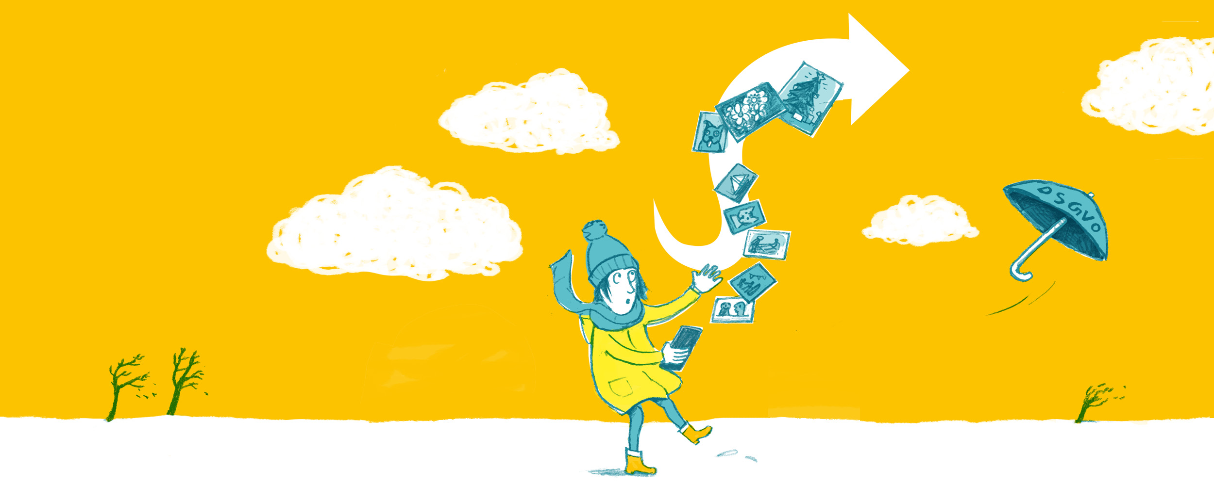 Illustration - Thema Datenschutz. Eine Frau verliert ihre Bilder und Dokumente im Wind