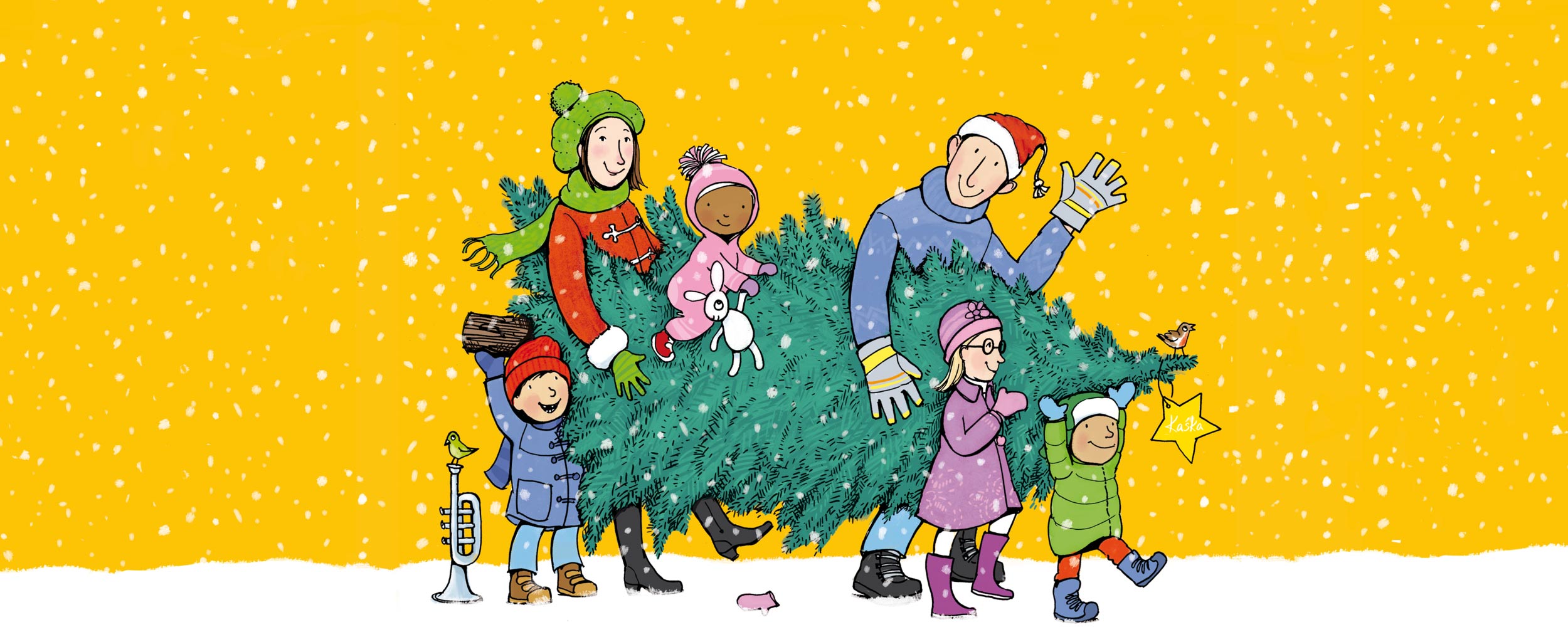 Illustration - Eine Familie, die einen Weihnachtsbaum durch den Schnee tr&auml;gt
